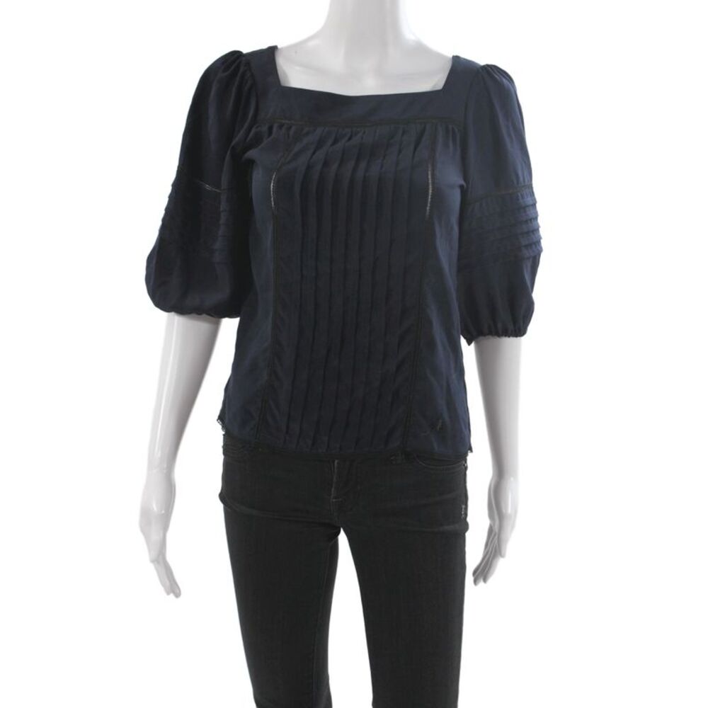 Chanel Women Basic Silk Square Neck 3/4 Sleeve Blouse Blue Size 34
